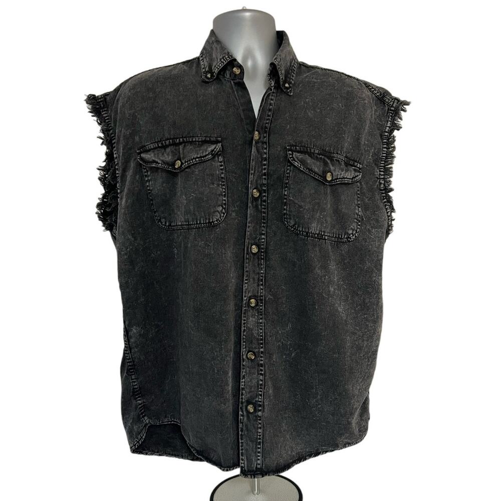 Biker Wear Black Denim Sleeveless Button Front Biker Shirt Size L